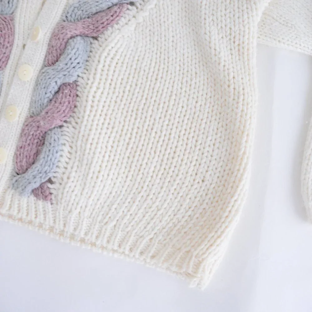 Vintage Hunters Run Cream, Purple & Blue Button Up Knit Cardigan L - Picture 6 of 12
